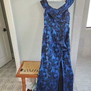 Adrianna Papell Blue and Black Strapless Floral Gown
